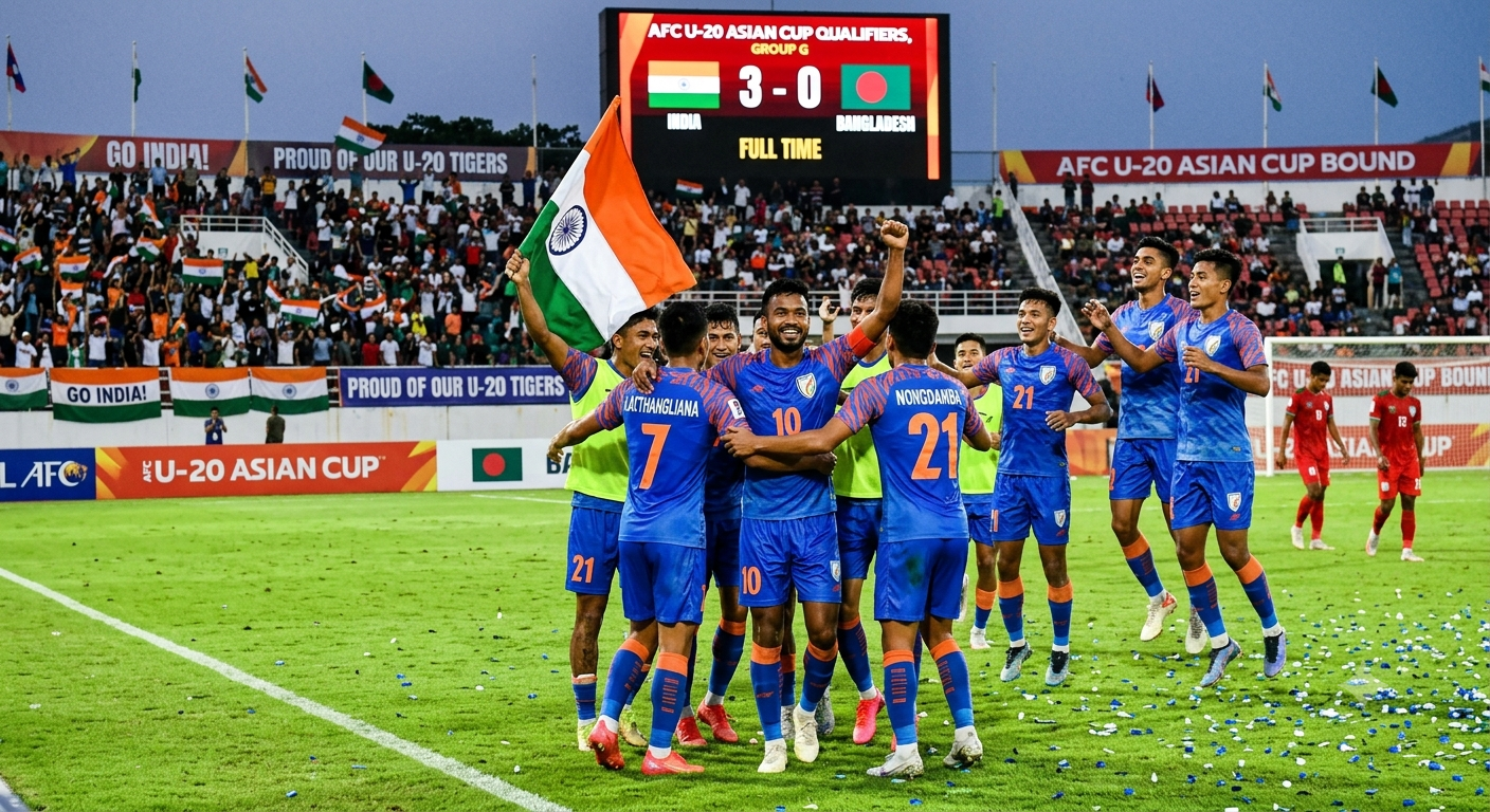SEO Title: India U-20 Football Team ने बांग्लादेश को 3-0 से हराया, AFC U-20 Asian Cup में बनाई जगह SEO Meta Description: India U-20 Football Team ने शानदार प्रदर्शन करते हुए बांग्लादेश को 3-0 से हराकर AFC U-20 Asian Cup के लिए क्वालीफाई कर लिया। जानिए मैच की पूरी कहानी। URL/Slug: india-u-20-football-team-afc-u-20-asian-cup